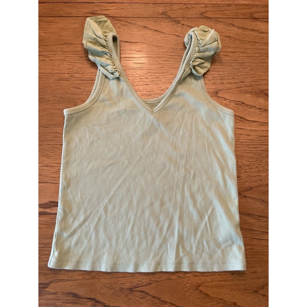 Old Navy Women's Green Solid Ribbed Knit V-Neck Ruffle Strap Tank Top L
